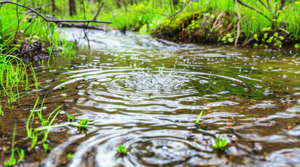 Naklejka premium Close-up of ripples forming in a forest stream, surrounded by lush green plants, capturing the essence of nature's tranquility.