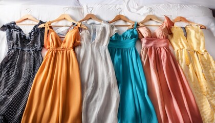 Colorful summer dresses arranged on a bed