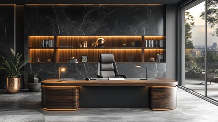 Luxurious Modern Office with Wooden Desk and Shelving Generative AI