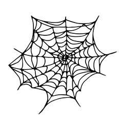 Halloween spider web line drawing. Silhouette of curved threads. Hand drawn isolated graphic clipart. Black outline art in Doodle style. Liner illustration of spider web for creepy decor and design