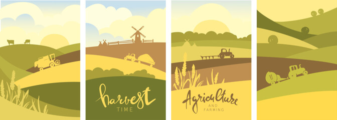 Abstract rural landscape. Set vector illustration, fields and green hills and agricultural machinery, windmill and and ears of grain