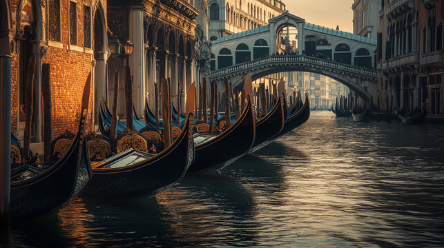 Traditional boat parade Regata Storica, gondola boats with gold ornament details, Ai generated Images