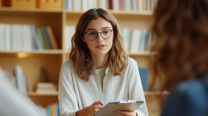 A caring therapist listens attentively to a young person during a counseling session. She holds a clipboard, taking notes as the teenager speaks, creating a safe and supportive env