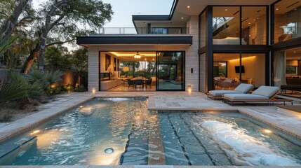 Elegant modern home featuring a serene pool and lush landscaping at twilight in a tranquil neighborhood. Generative AI