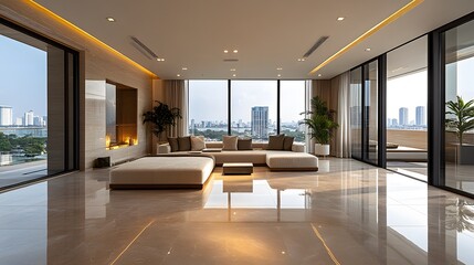 Empty luxury condominium featuring high ceilings, polished floors, and minimalist design, great for showcasing interior design concepts.