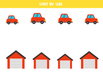 Matching game for preschool kids. Match red cars and garages by size.