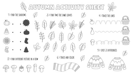 Vector autumn playmat for kids. Fall activity sheet. Black and white worksheet.