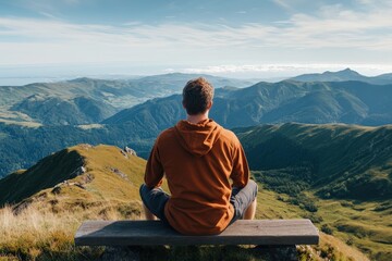 Fototapeta premium A serene image of a man wearing an orange hoodie, sitting on a bench, contemplating the vast mountain landscape, depicting calm and connection with nature.