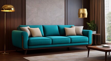 Fototapeta premium Turquoise Blue Sofa with Beige Cushions and Gold Floor Lamp