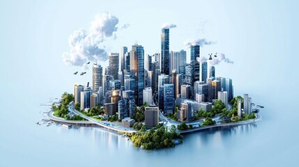 Naklejka premium A city is shown in the middle of a body of water