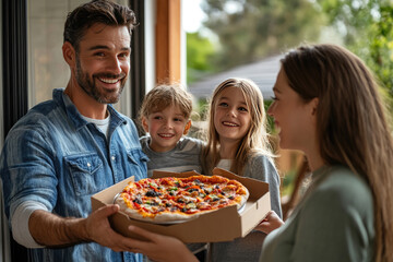 The family received a delicious pizza with melted cheese, pepperoni and basil on a crispy crust via delivery service, perfect for lunch or dinner. A filling fast food option.