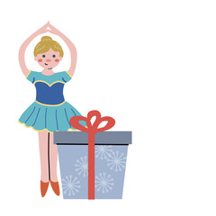 Childrens cute xmas ballet dancer character, smiling person with gift. Happy holidays concept design. Christmas and new year flat cartoon celebration fairy character - girl dancer.