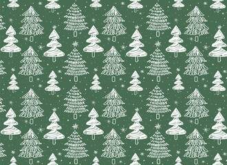 New Year.Cute and beautiful christmas trees seamless pattern, hand drawn doodle sketch and decorated trees - great for textiles, banners, wallpapers, cards - vector surface design. Green background.