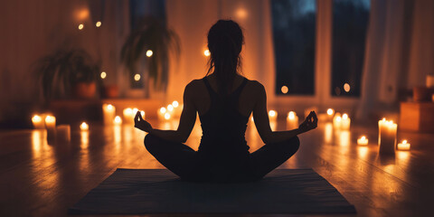 Woman is practicing yoga and meditating in her living room in the evening, sitting in lotus position on a yoga mat, surrounded by candles