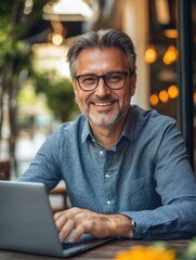 Obraz premium Smiling Man Using Laptop at Cafe
