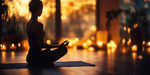 Fotobehang Woman is practicing yoga and meditating in her living room in the evening, sitting in lotus position on a yoga mat, surrounded by candles © syhin_stas