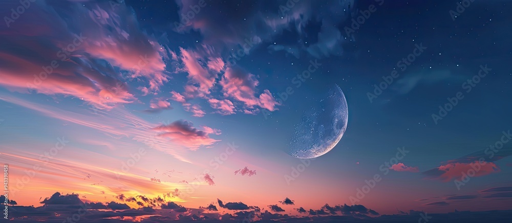 Poster a serene evening sky with a crescent moon and ample copy space image