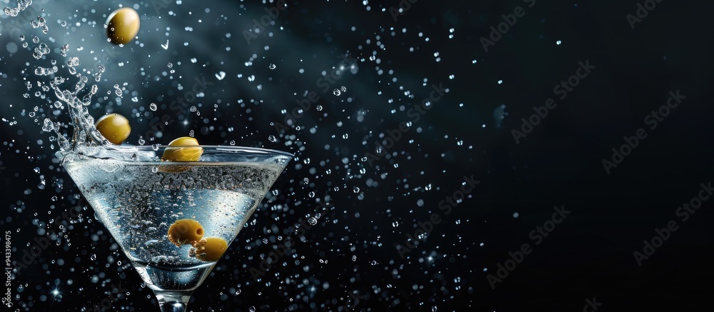 Poster classic dry martini cocktail with green olives on a black background with splashes and space for you