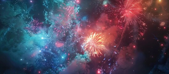 Fototapeta premium Vibrant fireworks illuminate the dark sky creating a striking display with copy space image