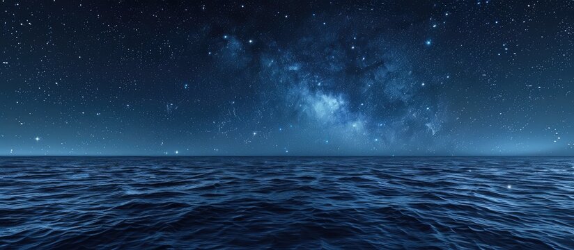 Starry night sky over blue ocean background with copy space image