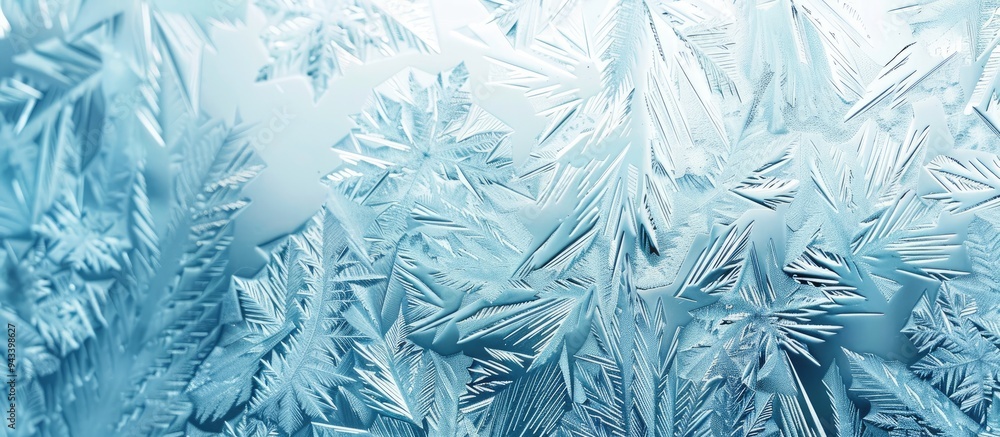 Poster blue ice winter background with a frozen pattern on a window creating a textured blue wallpaper imag