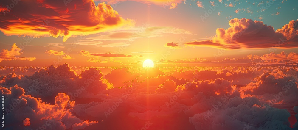 Aufkleber a stunning sunset with the sun partly hidden by clouds casting a vibrant orange and yellow radiance 
