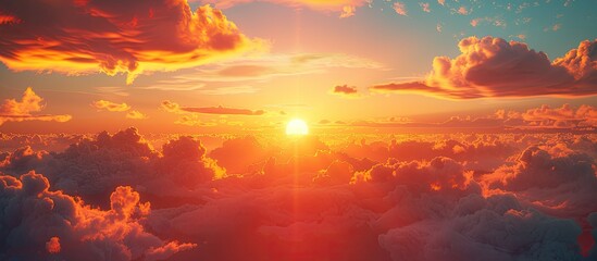 A stunning sunset with the sun partly hidden by clouds casting a vibrant orange and yellow radiance Ideal for a copy space image