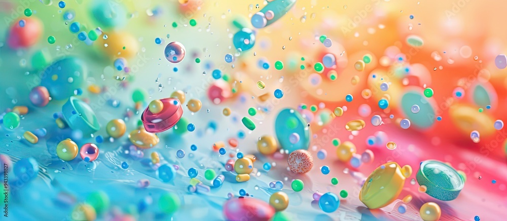 Poster Brightly colored paper background with amino acids capsules close up with soft focus enhancing the copy space image