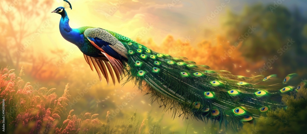 Poster beautiful landscape showing a peacock in flight with a divine aura set against a picturesque backdro