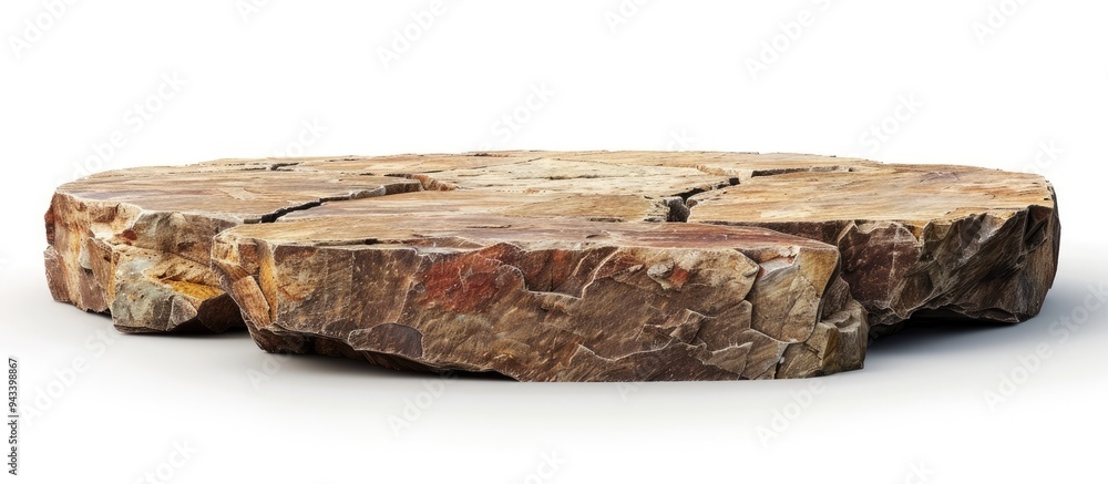 Poster A podium made of brown cliff rock stone is showcased on a white background providing a clear area for text with clipping paths in place for easy editing. Creative banner. Copyspace image