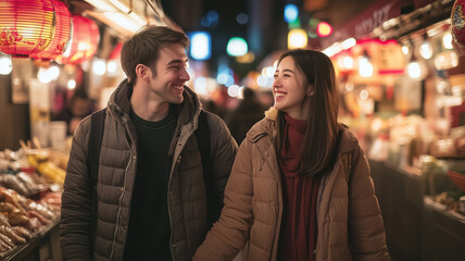 Obraz premium 日本の市場を楽しむ西洋人カップル