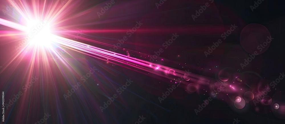 Poster pink lens flare emanating abstractly on black backdrop resembling a ray of light in an image with em