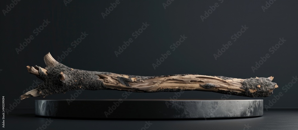 Aufkleber display stand showcasing cosmetics or products on a dark background with a wooden textured dried sna
