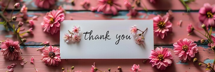 A heartfelt thank you card surrounded by vibrant pink flowers on a pastel wooden table in soft natural light. Generative AI