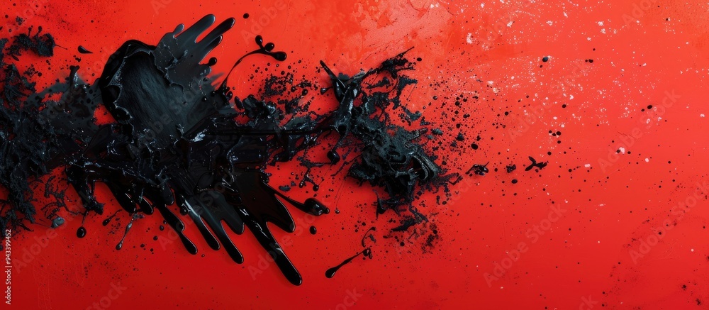 Poster Ink splatter in black on a vibrant red backdrop with copy space image
