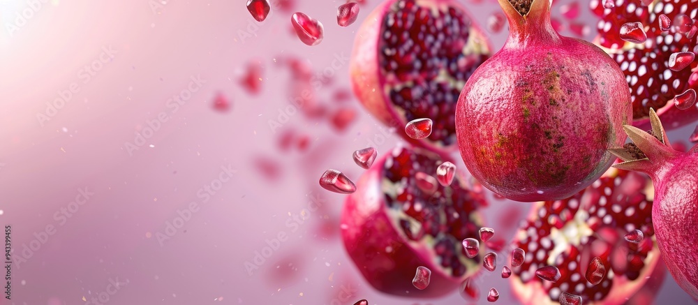 Aufkleber pomegranates with seeds flying in the air against a lilac background with copy space image