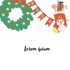 Cute xmas greeting card with ornate bauble and festive decorations. Hand drawn vector illustration. Flat design.