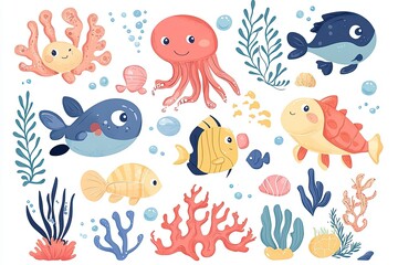 Big set with cute sea animals, shells, corals, seaweed. Kawaii sea life character elements. Generative Ai