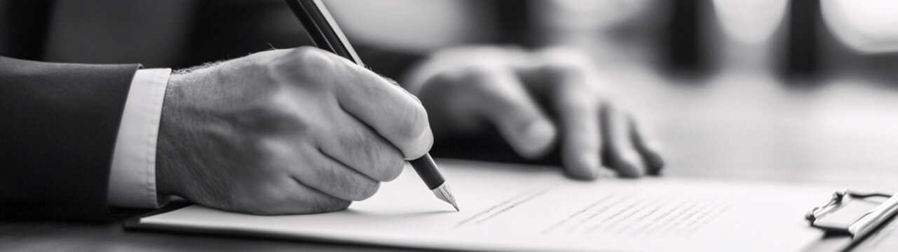 Business hand holding a pen over a contract, signing document. Hand holding pen and signing legal contract agreement
