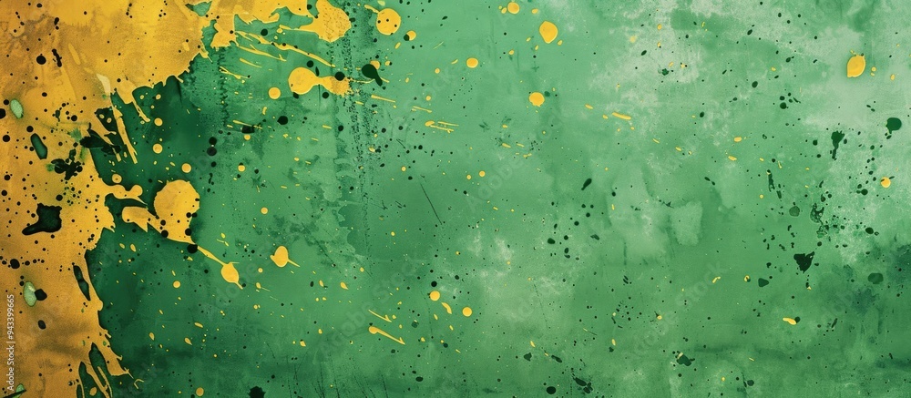 Poster Colorful green and yellow stains on retro paper with a splatter pattern creating a vibrant backdrop for a copy space image