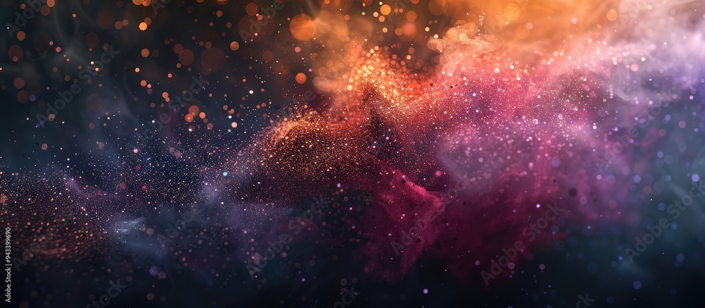 Aufkleber Various shimmering elements like glitter ink and smoke create a captivating mix of colors and textures on a dark abstract art backdrop with copy space image