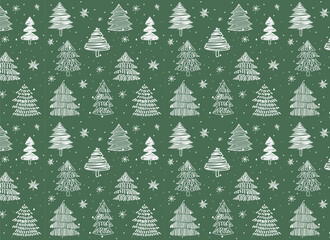 New Year.Cute and beautiful christmas trees seamless pattern, hand drawn doodle sketch and decorated trees - great for textiles, banners, wallpapers, cards - vector surface design. Green background.