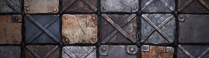 Fototapeta premium Rustic Metal Grate Patterns, seamless textures of aged metal grates featuring deep browns and muted oranges, ideal for industrial backgrounds and minimalist designs