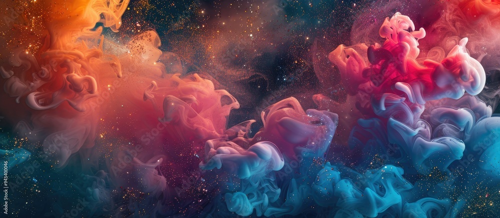 Poster Various shimmering elements like glitter ink and smoke create a captivating mix of colors and textures on a dark abstract art backdrop with copy space image
