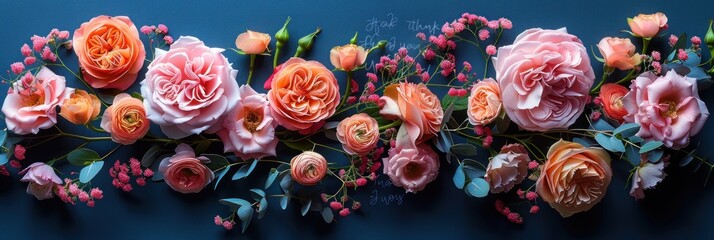 A vibrant arrangement of pink and orange roses with delicate foliage on a deep blue background. Generative AI