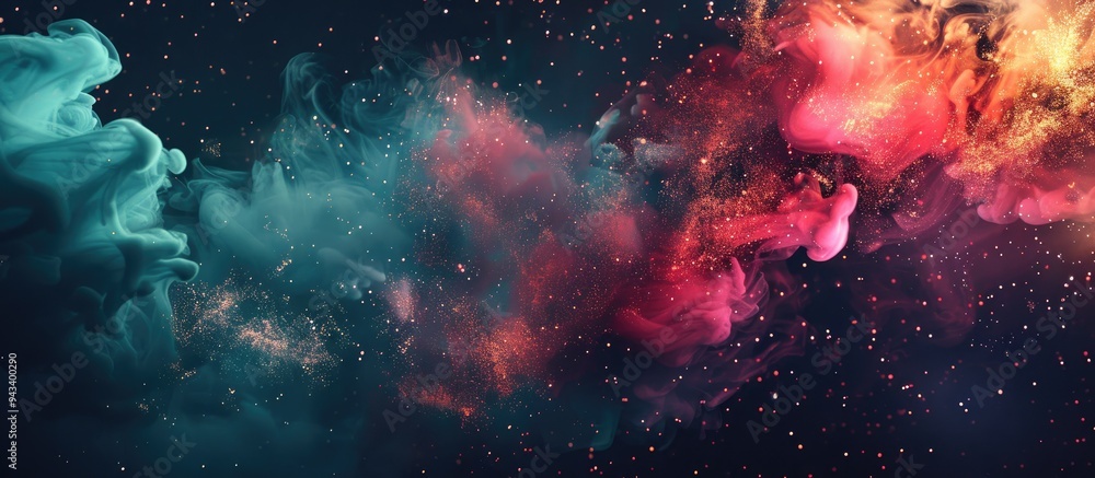 Aufkleber Various shimmering elements like glitter ink and smoke create a captivating mix of colors and textures on a dark abstract art backdrop with copy space image