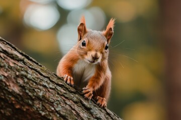 Obraz premium Cute close-up of a squirrel gripping onto a tree branch, showcasing the adorable nature of wildlife in its natural habitat, portrayed in a vivid and lively manner.
