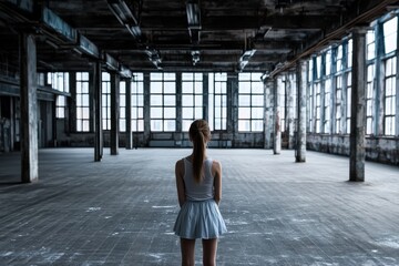 A lone girl stands in a vast empty industrial space, symbolizing solitude, contemplation, and the stark beauty of urban decay through an architectural lens.