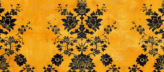 An antique Turkish Ottoman fabric showcasing yellow floral motifs in an oriental style on a seamless pattern background Horizontal close up copy space image