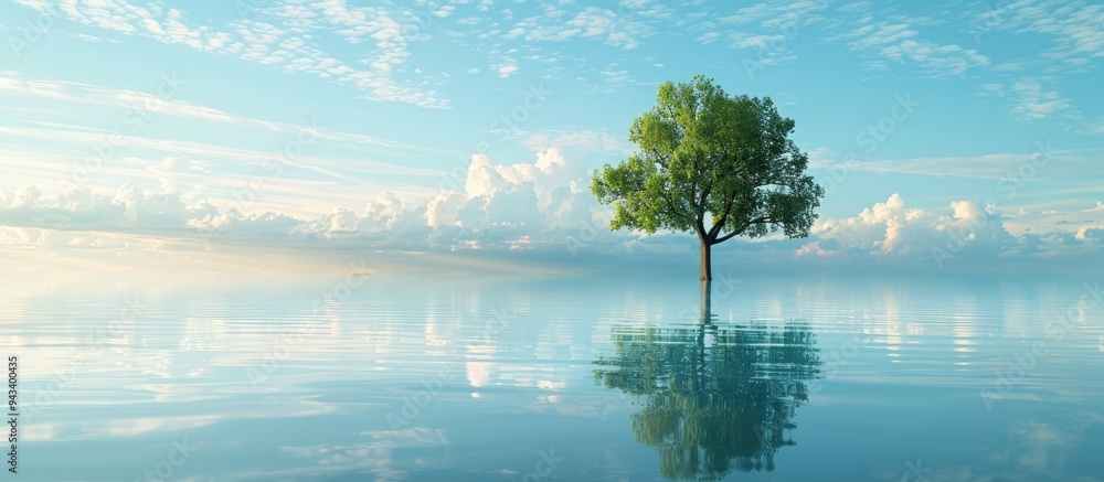 Poster Fit for both desktop and mobile a Facebook header featuring a serene blue sky and a lush tree in a tranquil setting as the main focus of the copy space image